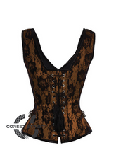 Brown Satin Net Covered Shoulder Strap Gothic Burlesque Bustier Waist Training Overbust Corset Costume